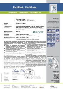 Certificato di conformità rilasciato dall'IFT Rosenheim Istituto di Germania per 4 Stars PVC
